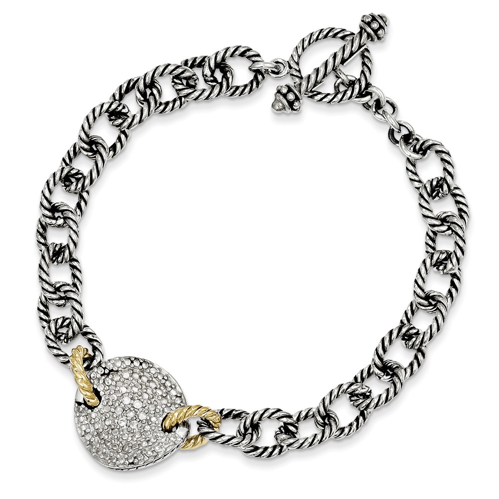 Qtc447 Sterling Silver With 14k Yellow Gold 0.03 Ct Diamond 7.5 In. Link Bracelet - Polished & Antiqued