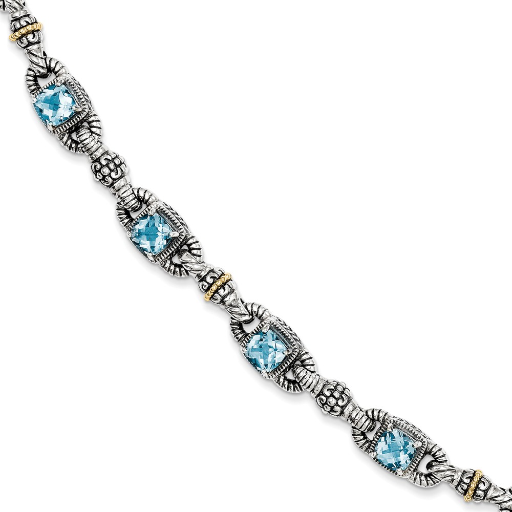 Qtc413 Sterling Silver With 14k Yellow Gold Sky Blue Topaz Bracelet - Polished & Antiqued