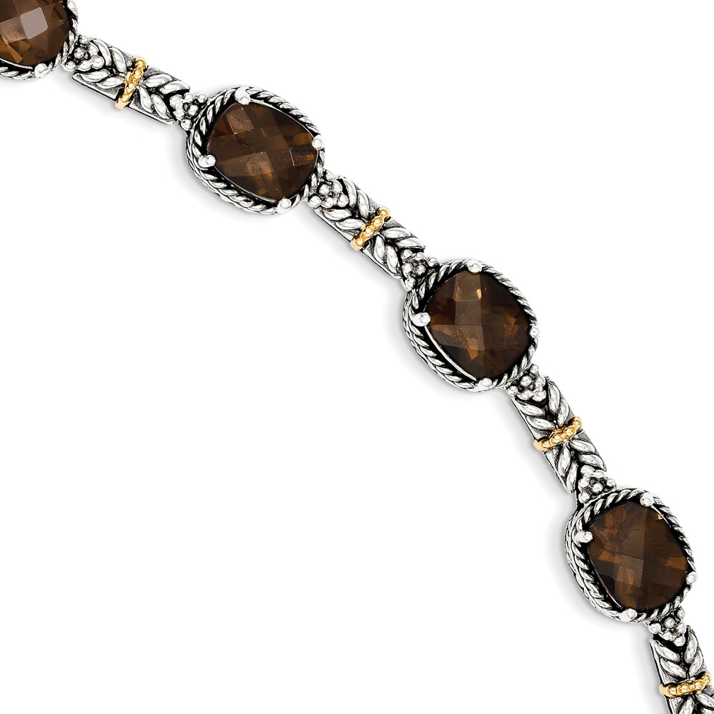 Qtc369 7.75 In. Sterling Silver With 14k Yellow Gold Smoky Quartz Bracelet - Polished & Antiqued