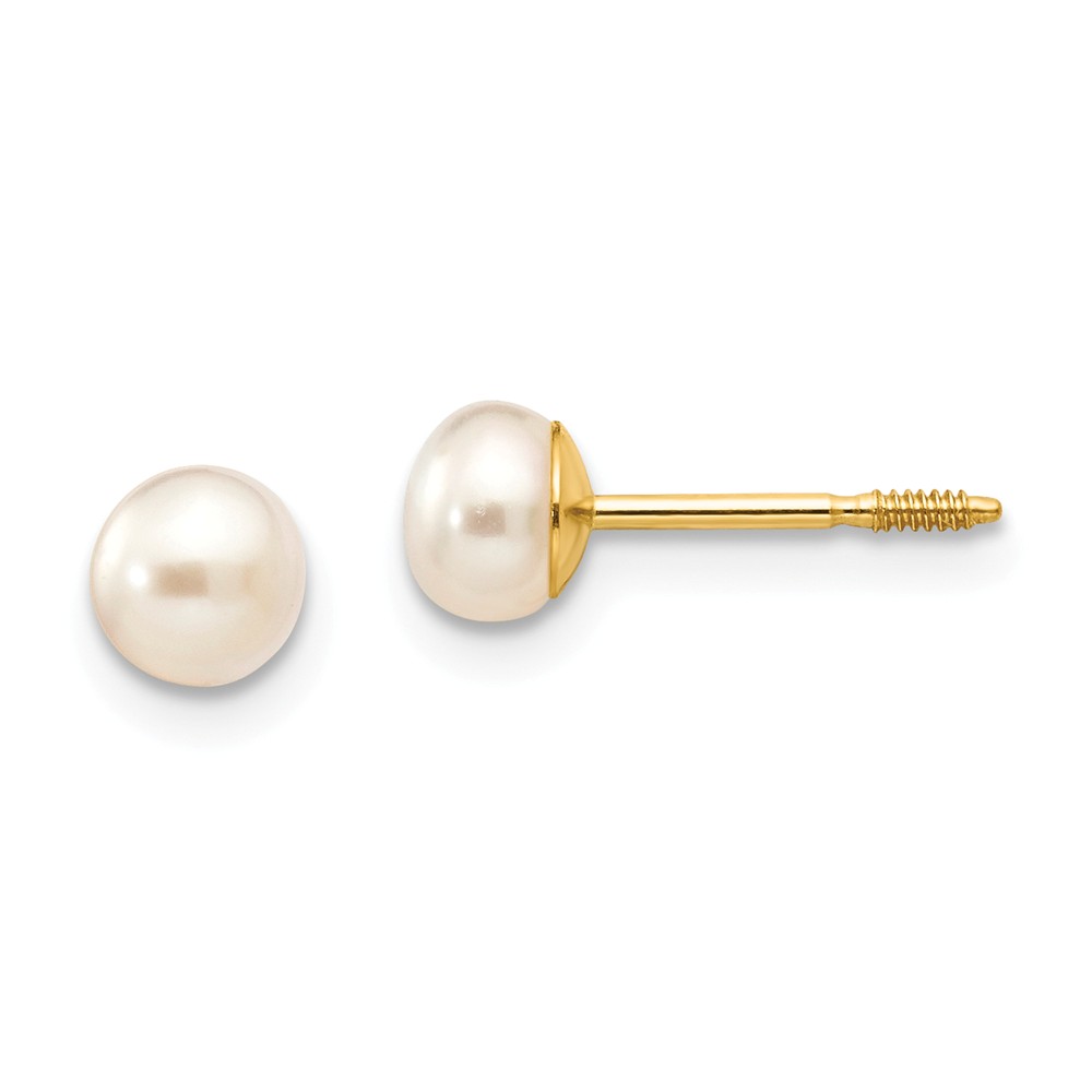 Gk415 4-5 Mm 14k Yellow Gold Madi K White Round Fw Cultured Pearl Stud Post Screwback Earrings - Polished