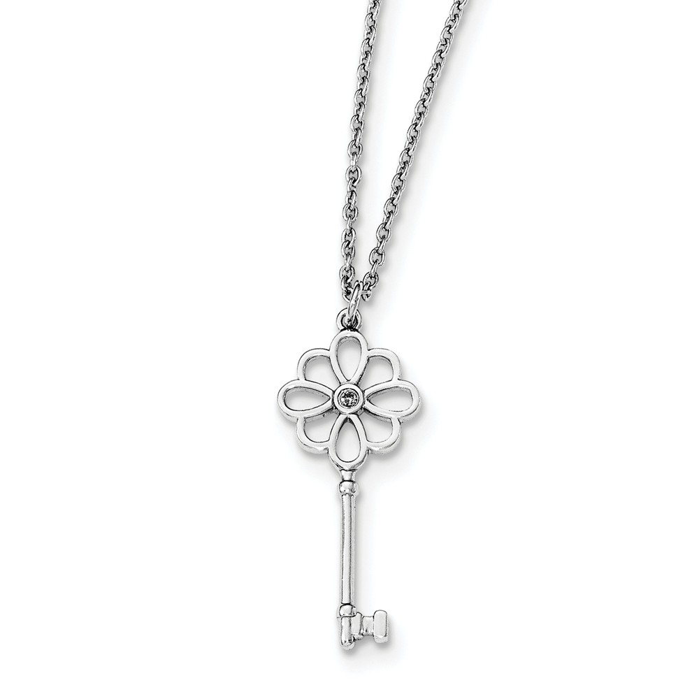 Qw398-18 18 In. Sterling Silver Diamond Flower Key With 2 In. Extender Necklace - Polished