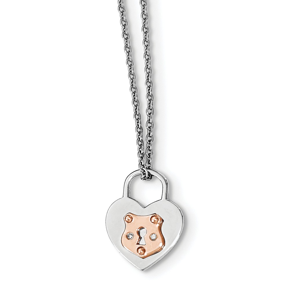 Qw400-18 18 In. Sterling Silver Diamond Rose Gold-plated Heart Lock With 2 In. Extender Necklace - Polished