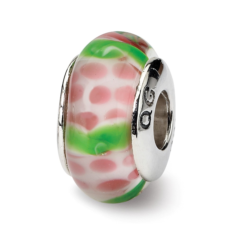 Qrs600 7.27 Mm Sterling Silver Reflections Pink & Green Hand-blown Polished Glass Bead