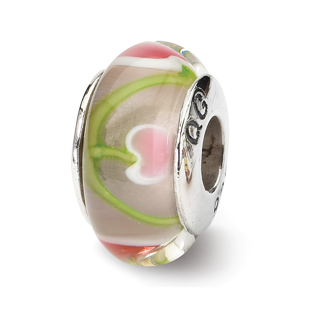 Qrs625 Sterling Silver Reflections Pink & Green Hand-blown Polished Glass Bead