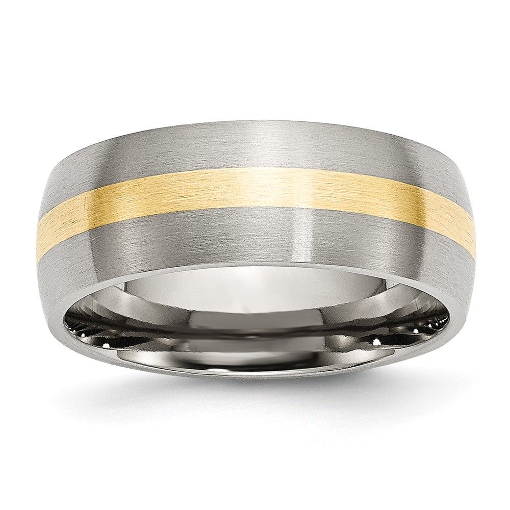 Sr1-10 8 Mm 14k Yellow Gold Stainless Steel Inlay Brushed Band - Size 10