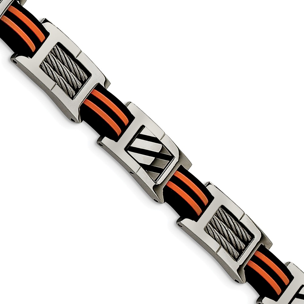 Srb184-8.5 8.5 In. Stainless Steel Cable Accent Black & Orange Rubber Bracelet