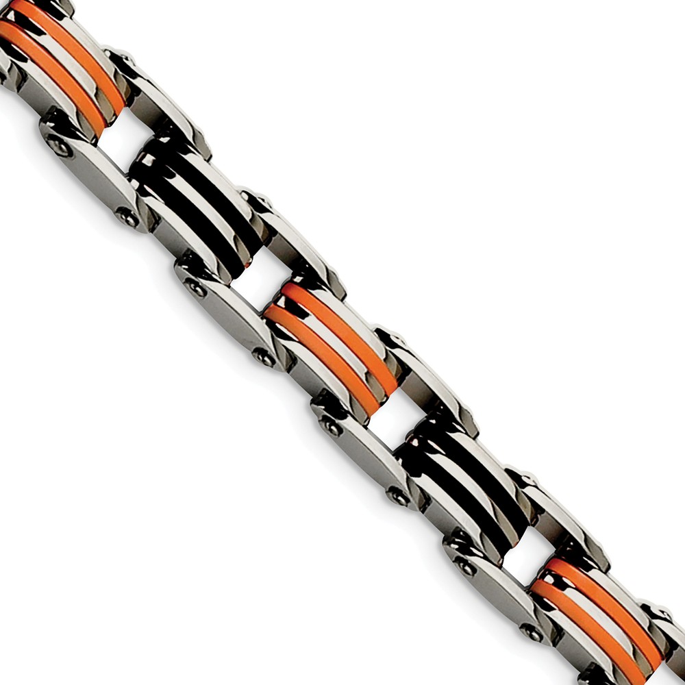Srb183-8.75 8.75 In. Stainless Steel Polished Black & Orange Rubber Bracelet