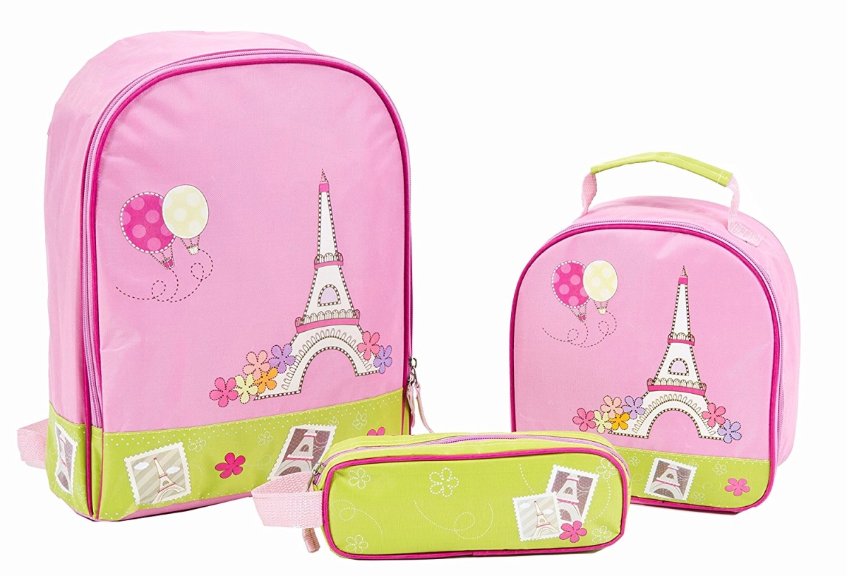 Stp2279 Girls Pink & Green Paris Backpack To School Set - 3 Piece