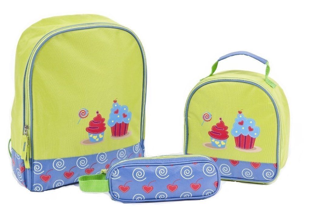Girls Bright Green & Light Blue Cupcakes Backpack To School Set - 3 Piece