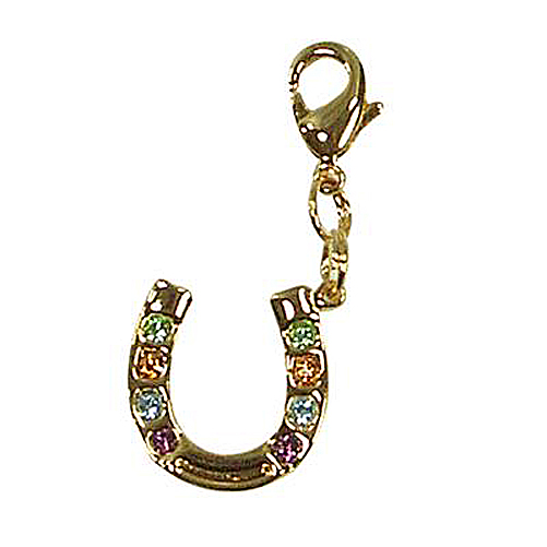 246106g Zipper Pull Horse Shoe With Colored Rhinestones Pendant, Gold Plated
