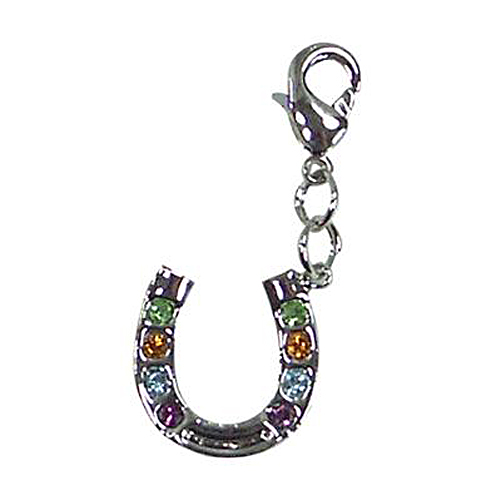 246106p Zipper Pull Horse Shoe With Colored Rhinestones Pendant, Platinum Plated