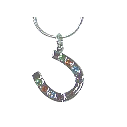 246107p Horse Shoe Pendant With Colored Rhinestones, Platinum Plated