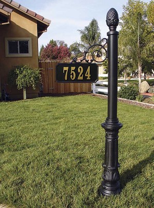 Adpst-703-bl Scroll Address Post With Decorative Ornate Base & Peapple Fial, Black