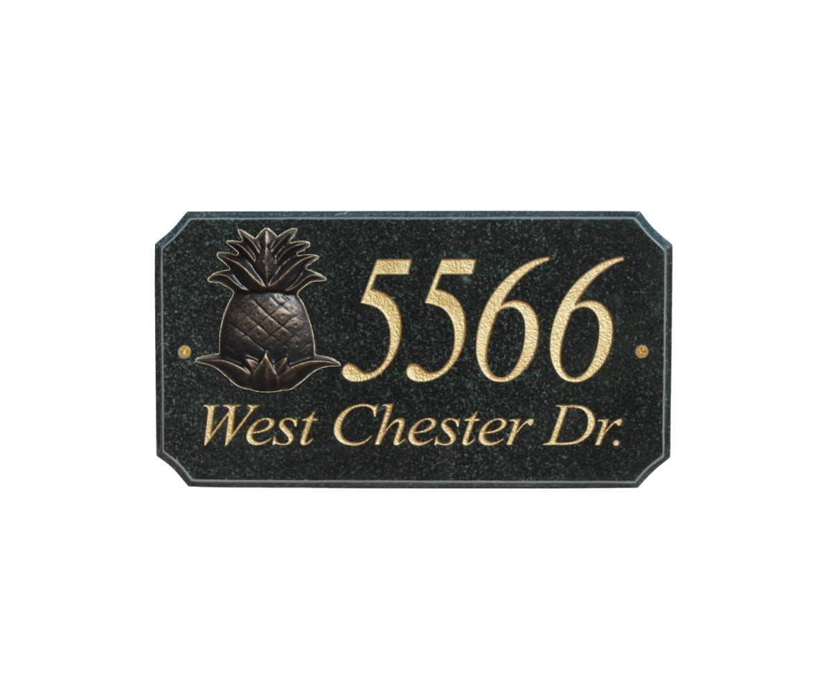 Exe-4702-bp-pa 9 In. Stonemetal Pineapple Logo Rectangle Solid Granite Address Plaque In Polished Black Color