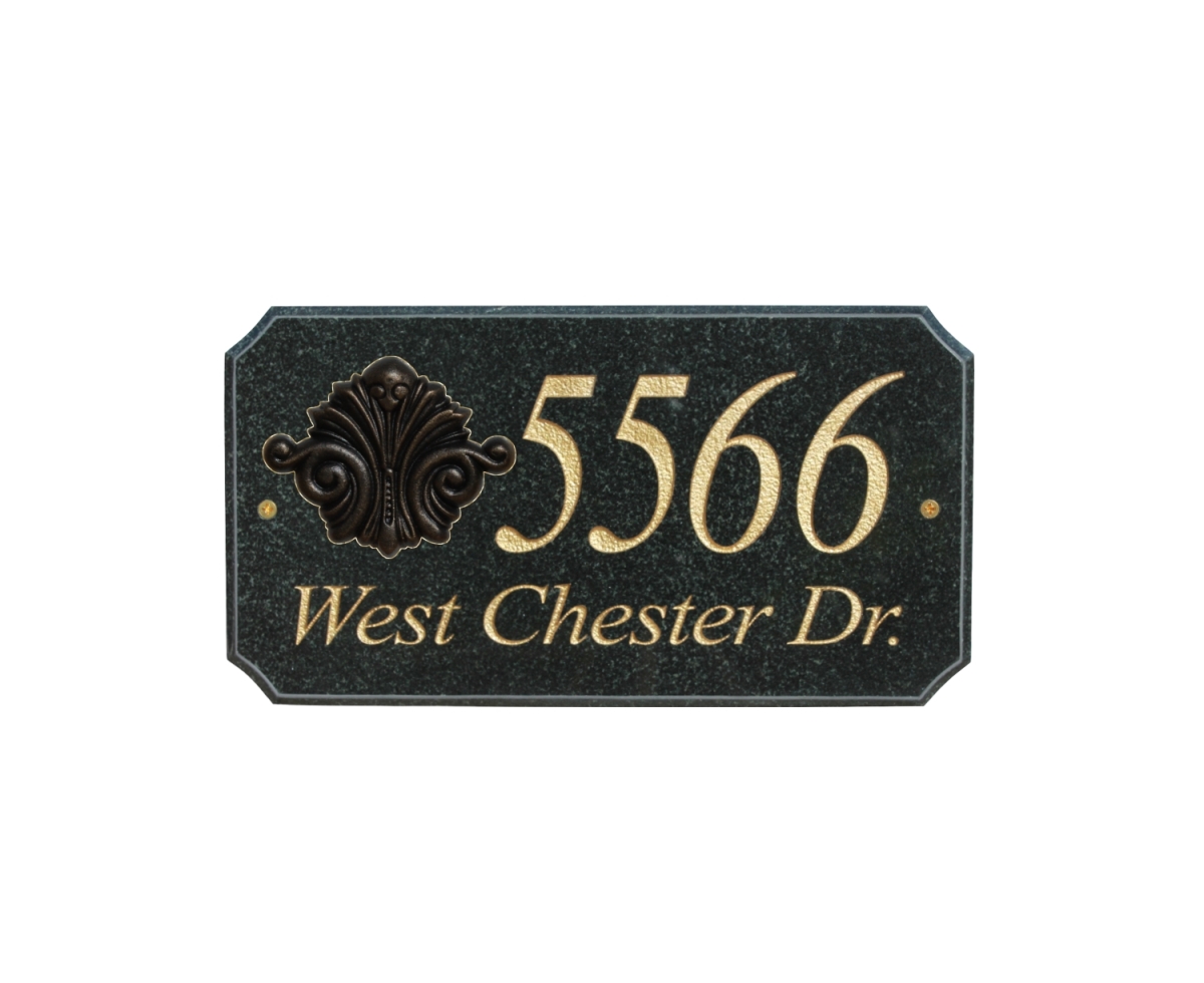 Exe-4702-bp-sc 9 In. Stonemetal Scroll Logo Rectangle Solid Granite Address Plaque In Polished Black Color