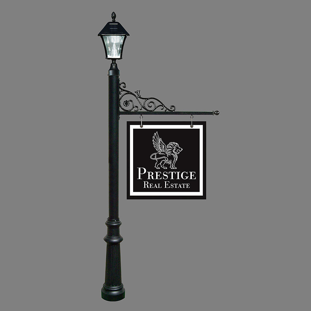 Repst-800-bl-sl 5 In. Prestige Real Estate Sign System With Bayview Solar Lamp & Fluted Base - Black Color