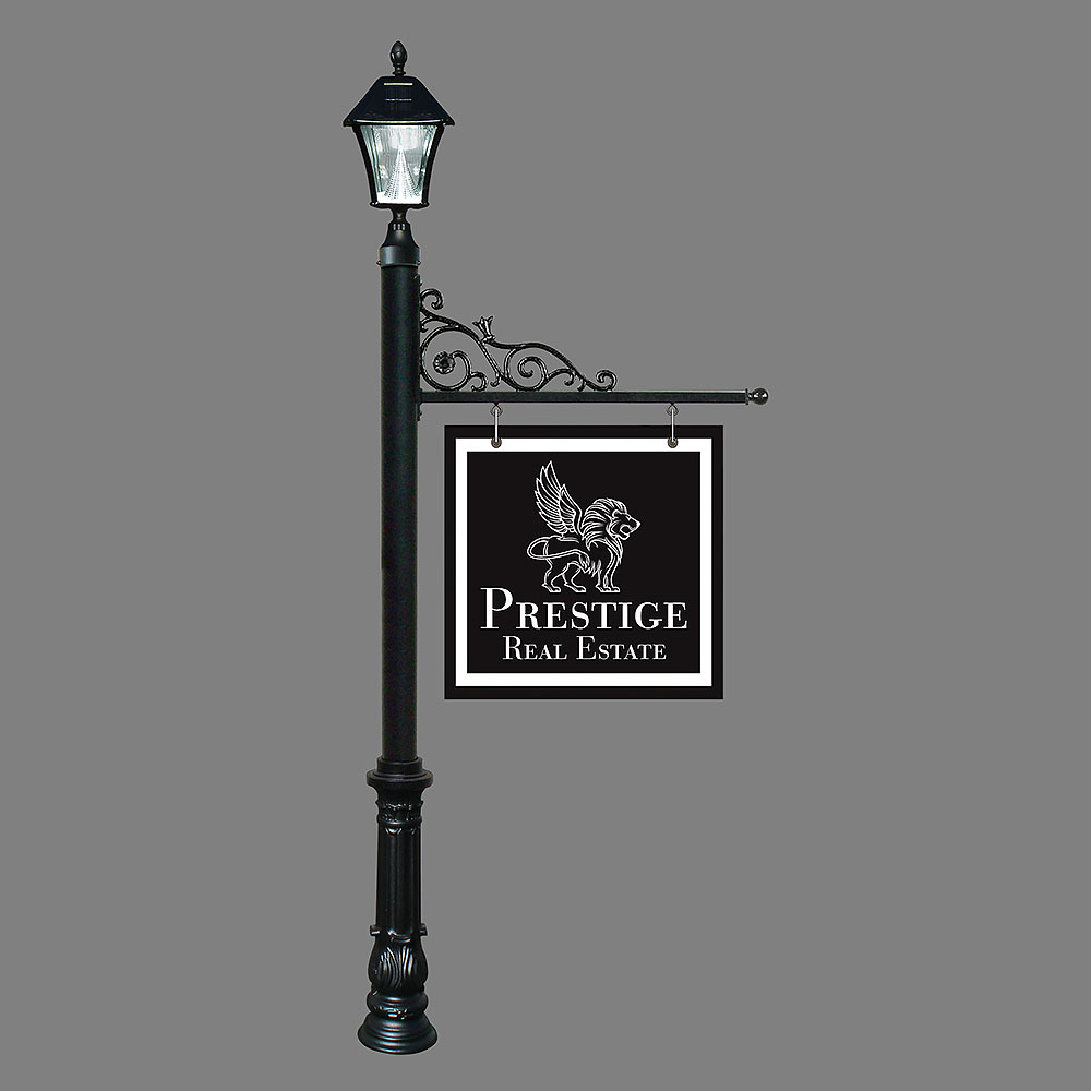 Repst-700-bl-sl 5 In. Prestige Real Estate Sign System With Bayview Solar Lamp & Ornate Base - Black Color