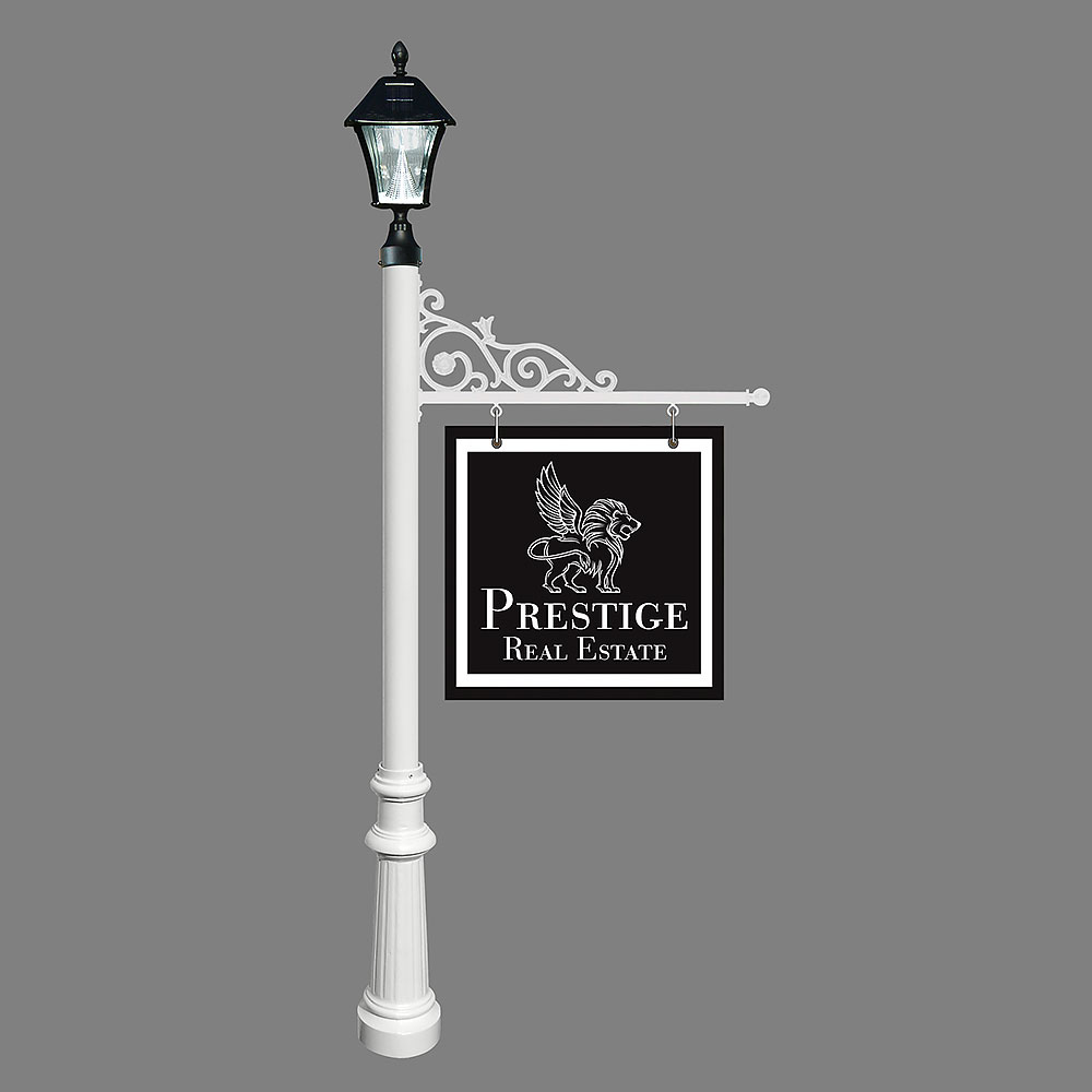 Repst-800-wht-sl 5 In. Prestige Real Estate Sign System With Bayview Solar Lamp & Fluted Base - White Color