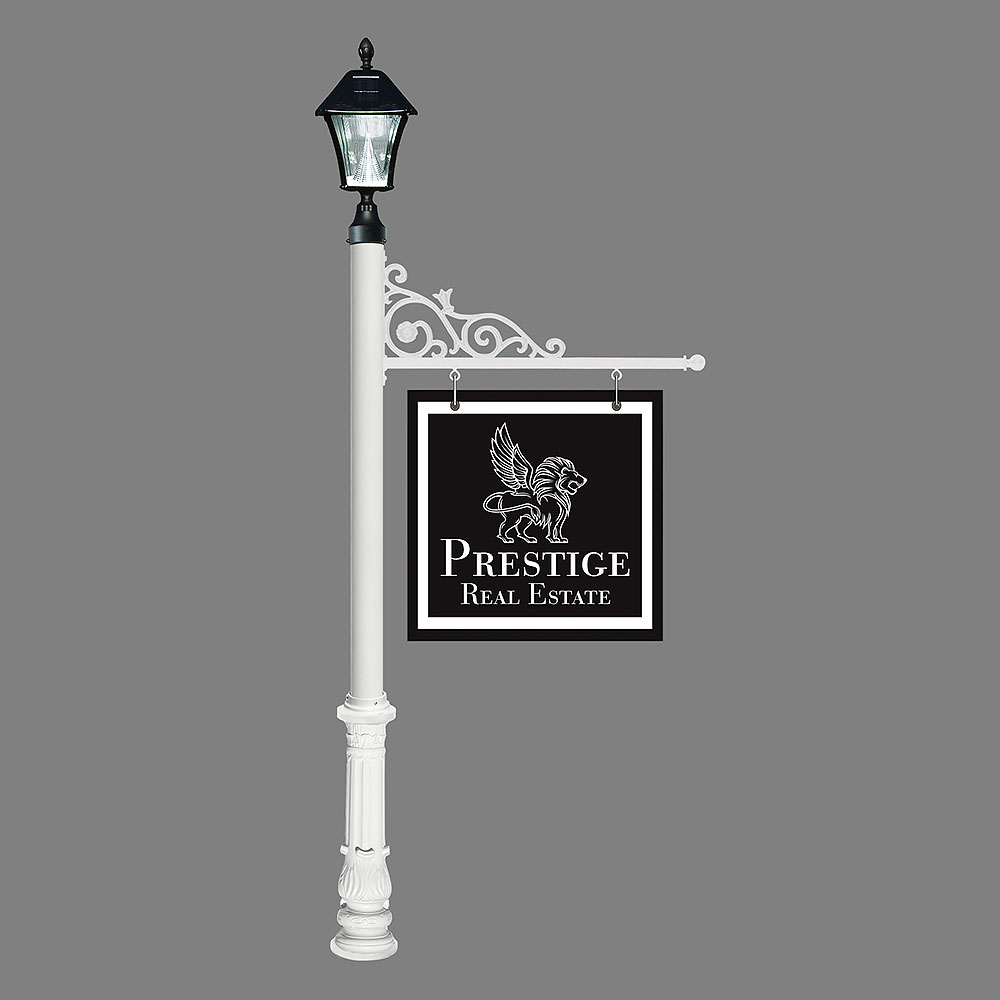 Repst-700-wht-sl 5 In. Prestige Real Estate Sign System With Bayview Solar Lamp & Ornate Base - White Color