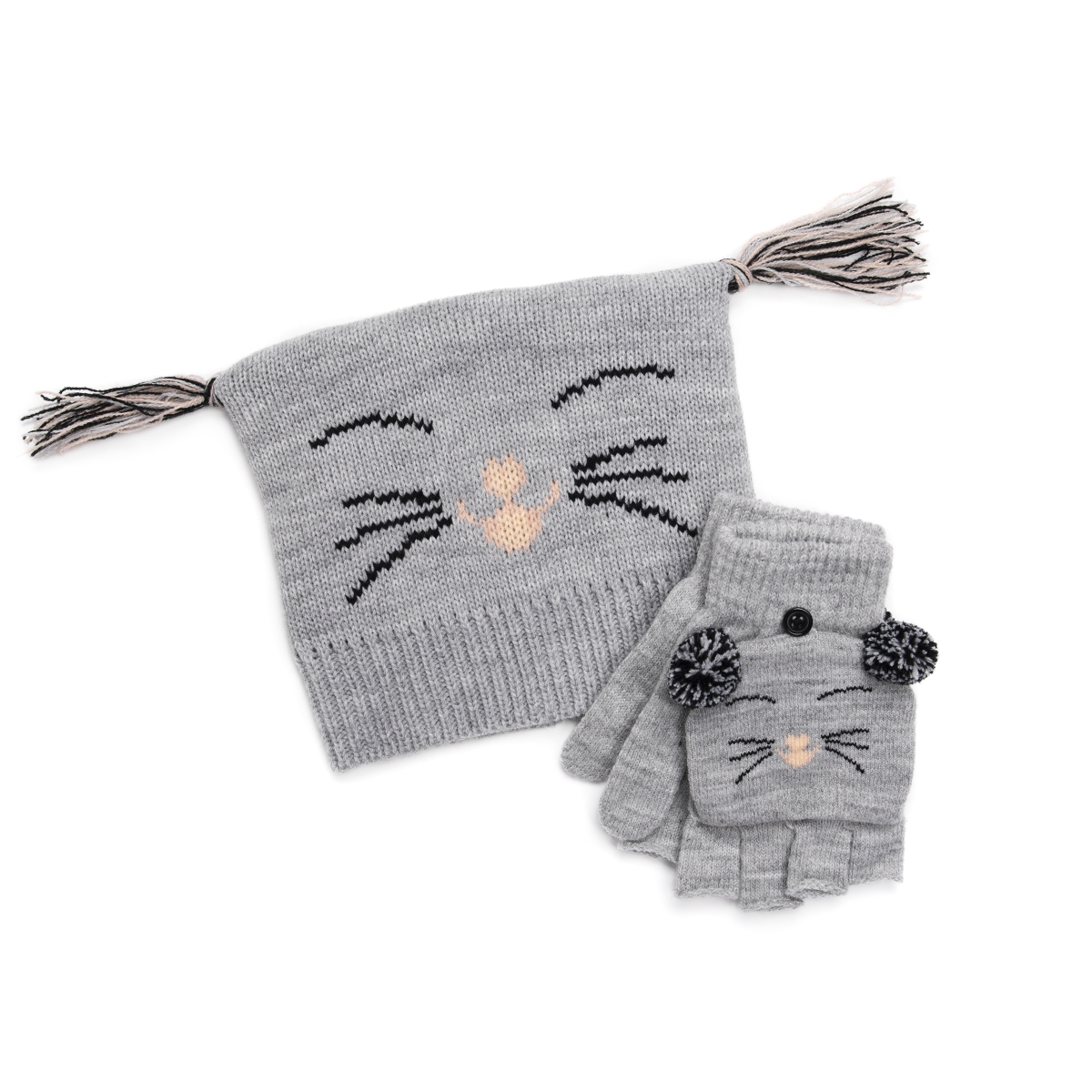 3100002030-os Kids Zoo Baby Hat & Flip Mitten Set, Grey - One Size