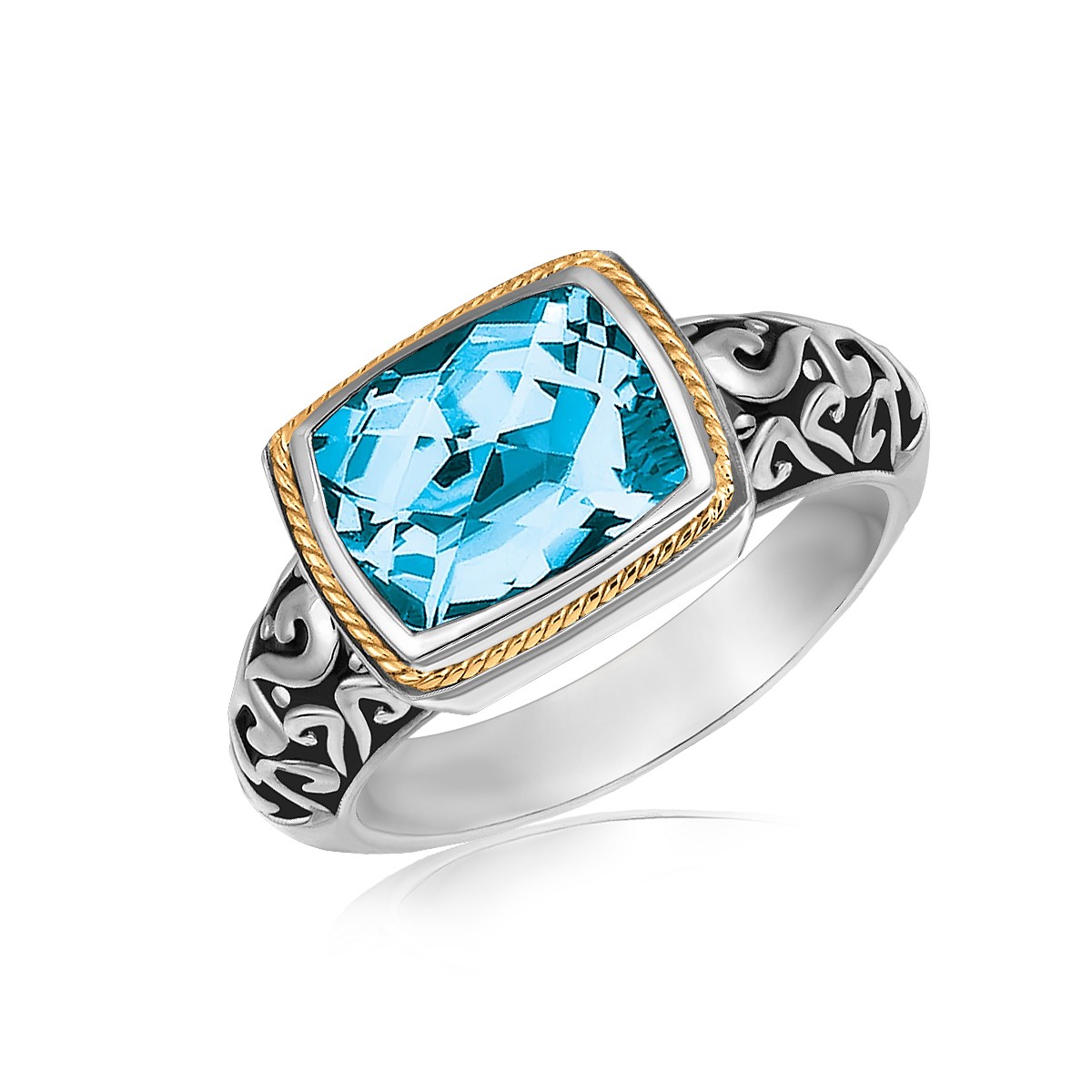 D118940-6 18k Yellow Gold & Sterling Silver Rectangular Blue Topaz Milgrained Ring, Size 6