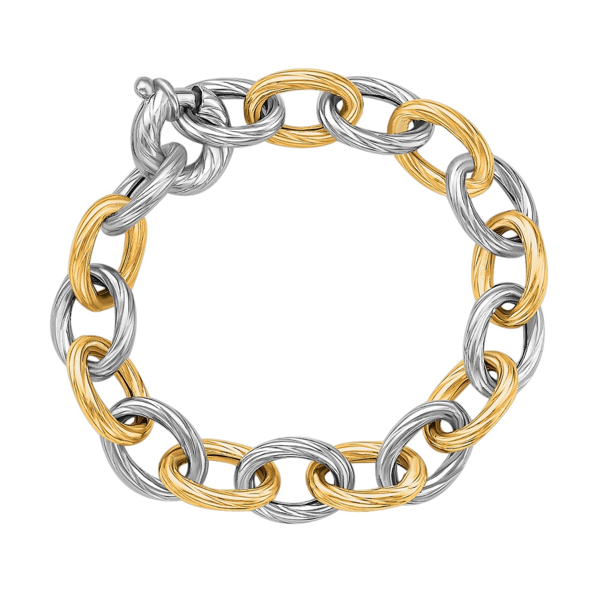 D136006-7.75 18k Yellow Gold & Sterling Silver Rhodium Plated Diamond Cut Chain Bracelet - Size 7.75 In.
