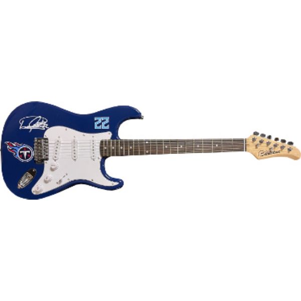 CTBL-031373 39 in. Derrick Henry Signed Tennessee Titans Logo Silvertone FS Strat Electric Guitar, Blue - Number 22 - Beckett Witnessed