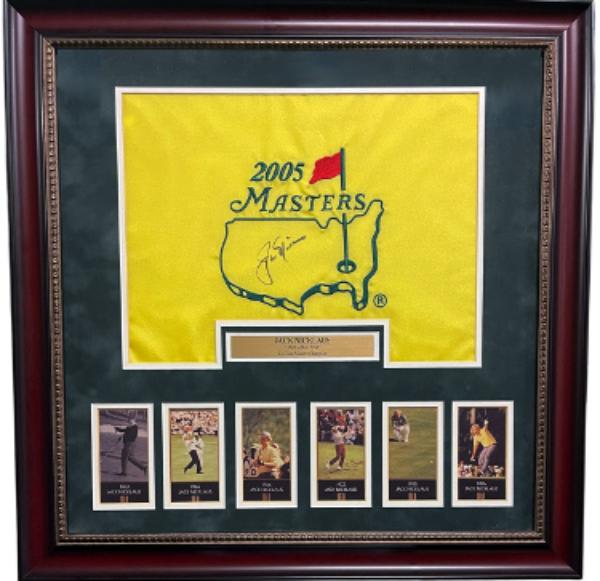 CTBL-042423 Jack Nicklaus Signed 2005 Masters Flag Custom Framing PSA LOA Overall Size 26 x 26 in. with 6 Champions of Golf & Collection Cards