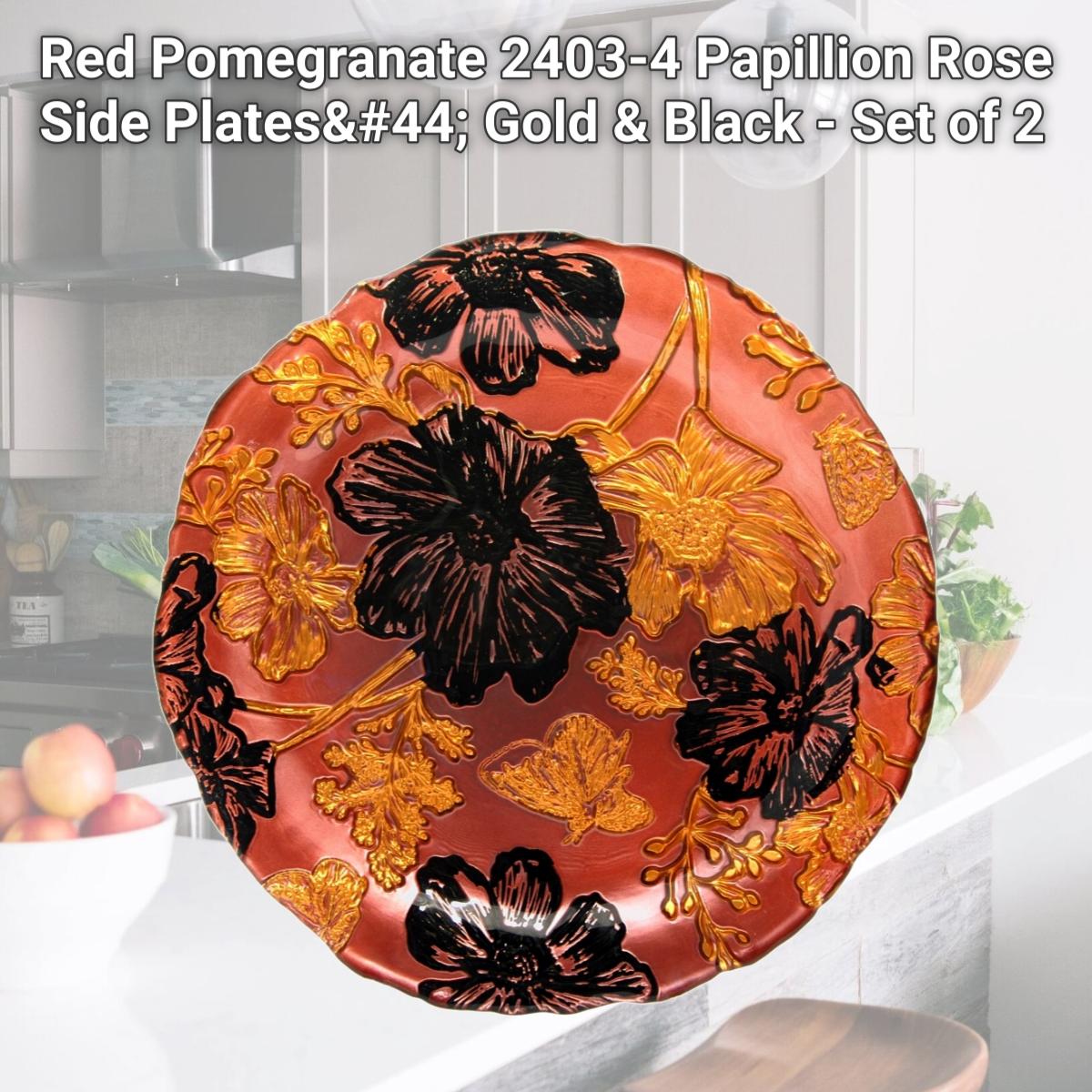Picture of Red Pomegranate 2403-4 Papillion Rose Side Plates, Gold & Black - Set of 2