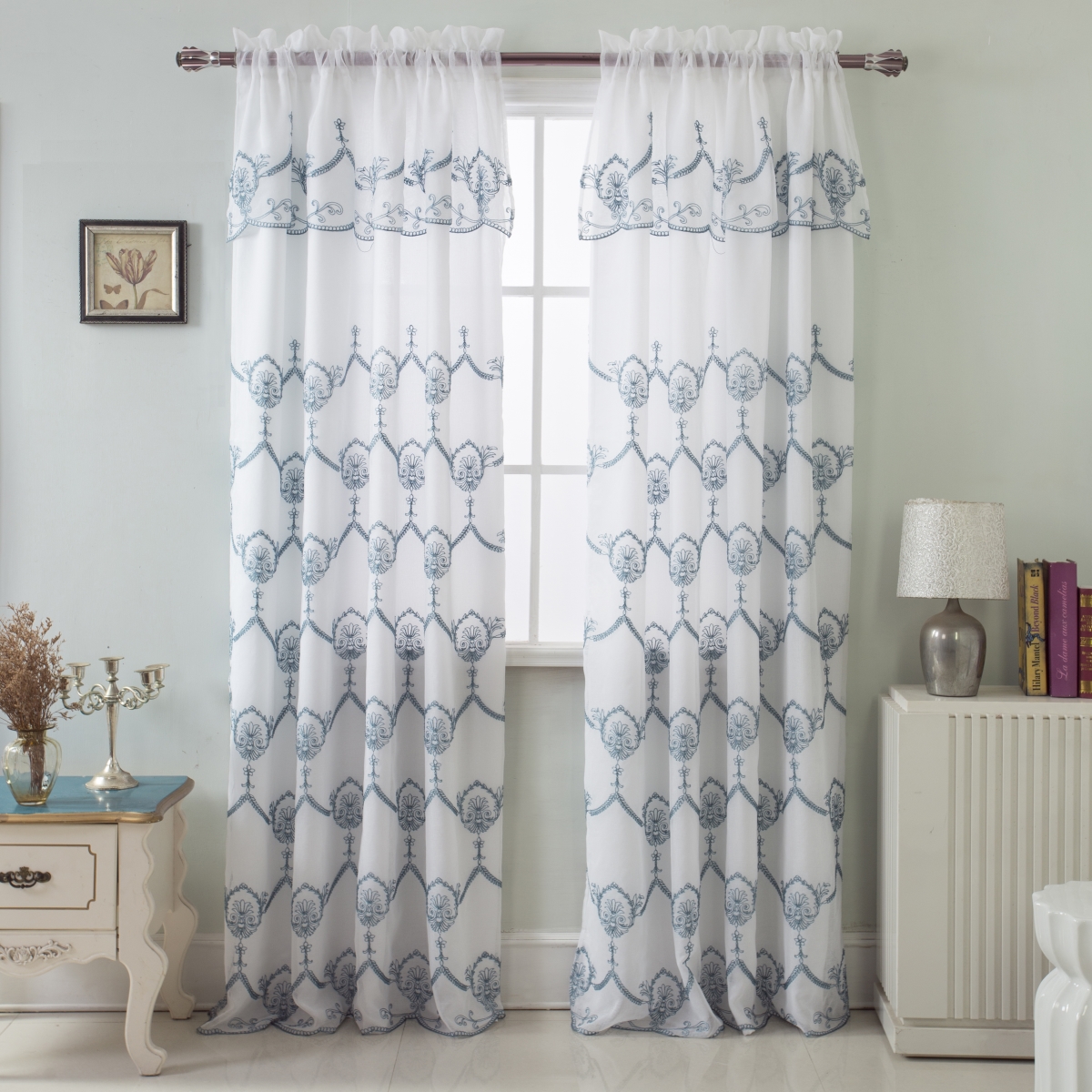 Pnr17008 54 X 84 In. Rochelle Embroidered. Satin Layered Rod Pocket Single Curtain Panel With Attached 18 In. Valance, Blue
