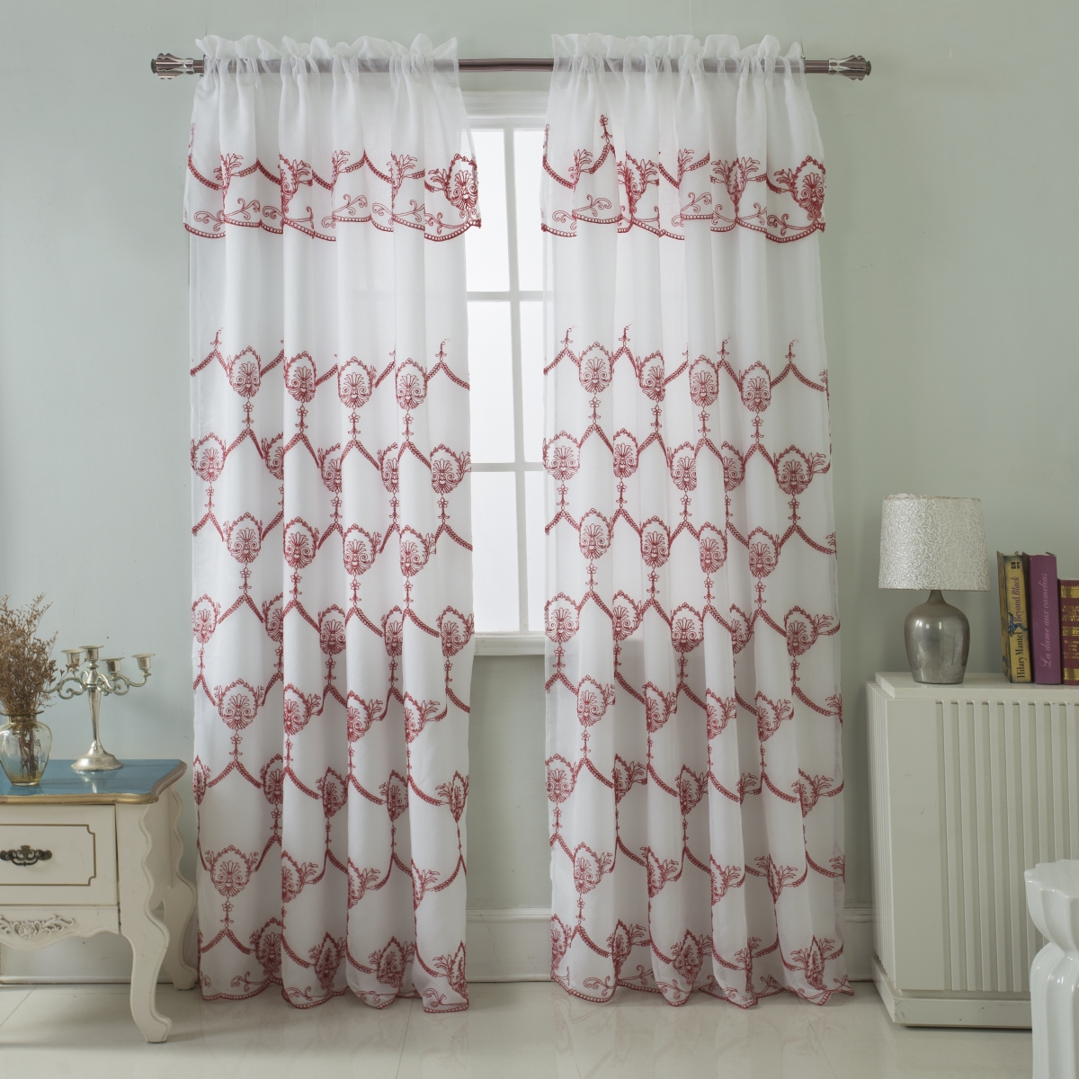 Pnr17077 54 X 84 In. Rochelle Embroidered Satin Layered Rod Pocket Single Curtain Panel With Attached 18 In. Valance, Red