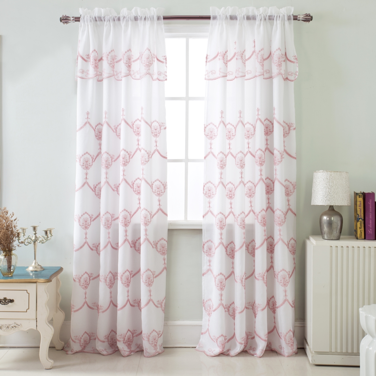 Pnr17079 54 X 84 In. Rochelle Embroidered Satin Layered Rod Pocket Single Curtain Panel With Attached 18 In. Valance, Rose