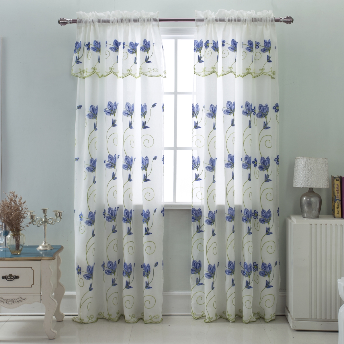 Pnv17156 54 X 84 In. Vittoria Embroidered Satin Layered Rod Pocket Single Curtain Panel With Attached 18 In. Valance, Navy