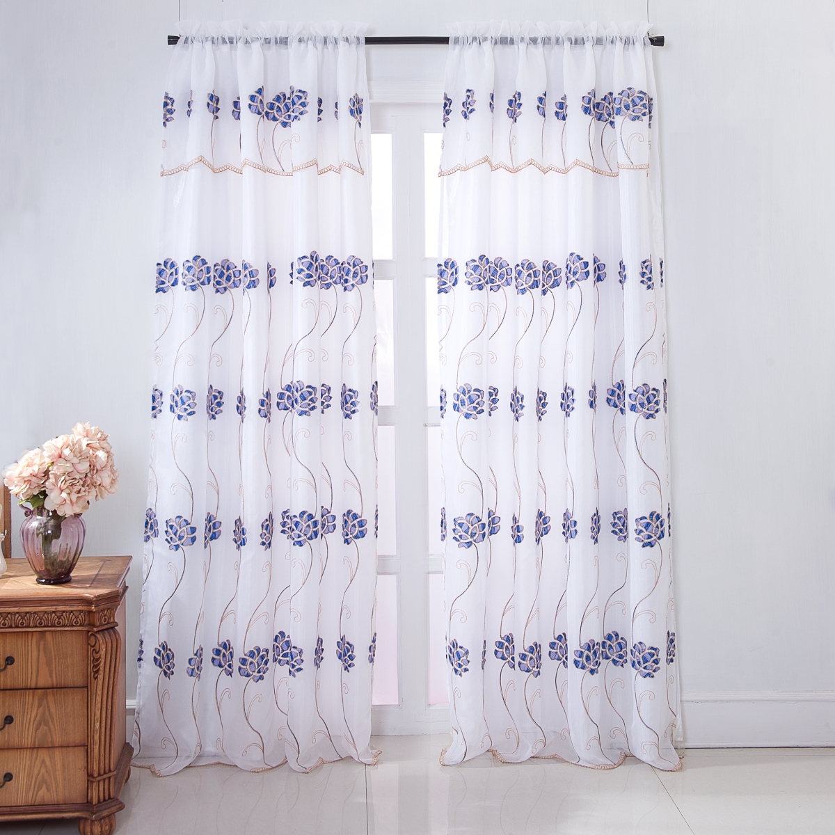 Pns19108 Sapphire Floral Embroidered Rod Pocket Single Curtain Panel In Blue - 54 X 84 In.
