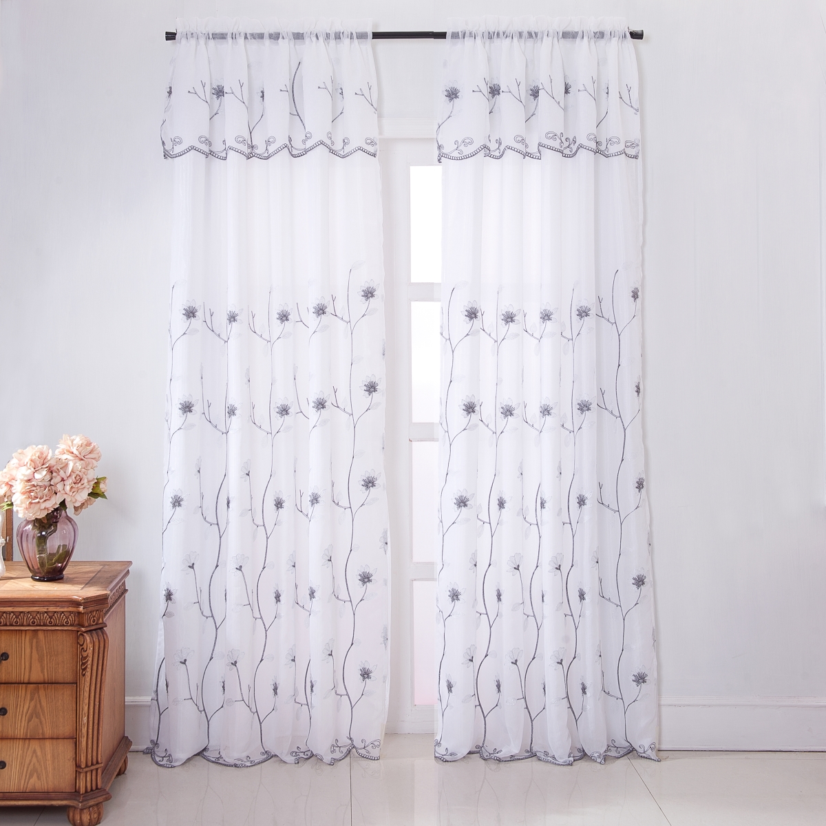 Pnr19297 Ruby Floral Embroidered Rod Pocket Single Curtain Panel In Silver & White - 54 X 90 In.