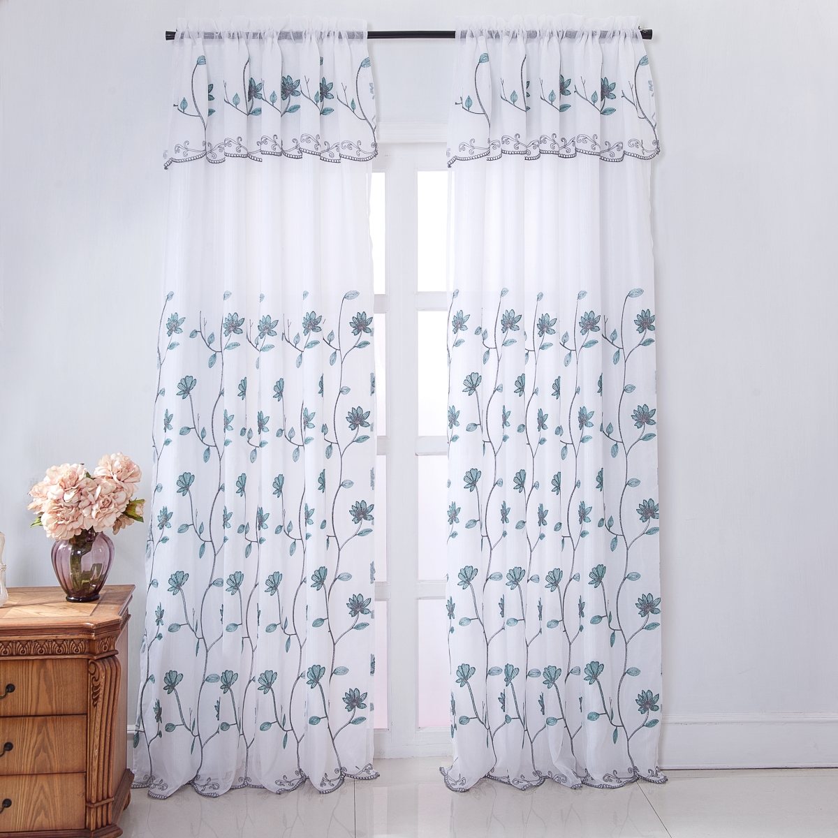 Pnr19291 Ruby Floral Embroidered Rod Pocket Single Curtain Panel In Teal - 54 X 90 In.