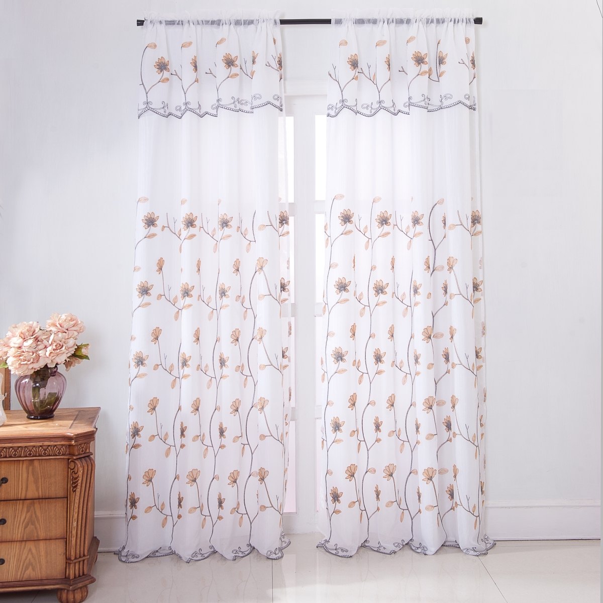Pnr19231 Ruby Floral Embroidered Rod Pocket Single Curtain Panel In Gold - 54 X 90 In.