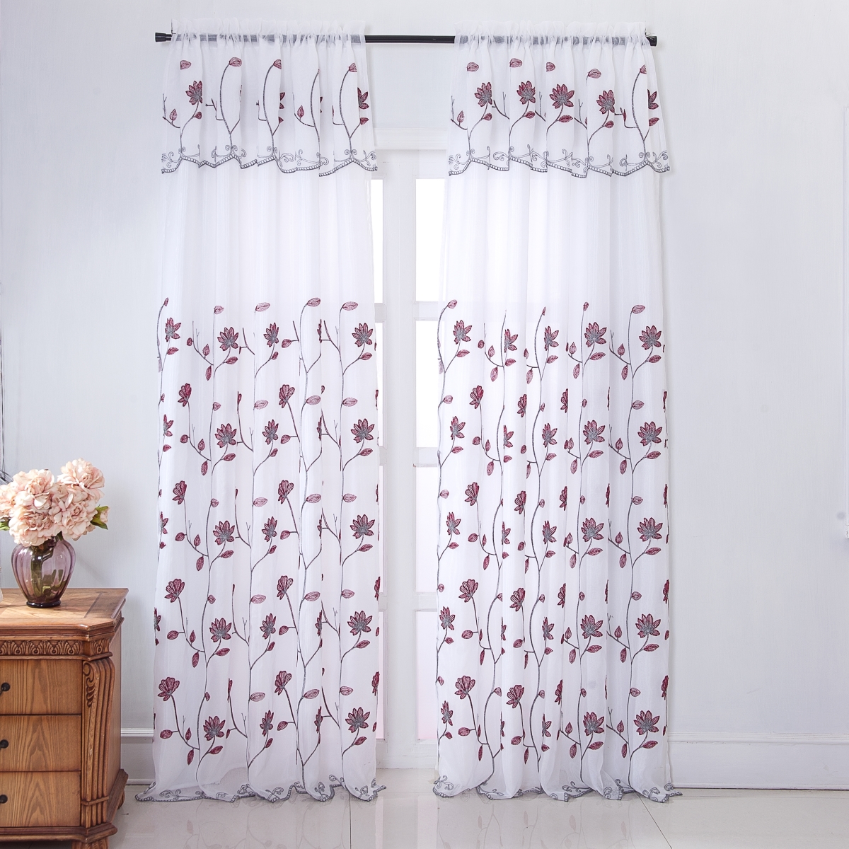 Pnr19213 Ruby Floral Embroidered Rod Pocket Single Curtain Panel In Burgundy - 54 X 90 In.