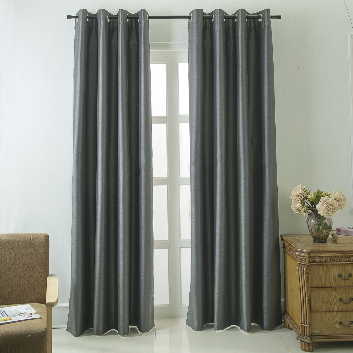 Pns18517 Shelton Faux Silk Room Darkening Grommet Single Curtain Panel In Charcoal - 54 X 84 In.