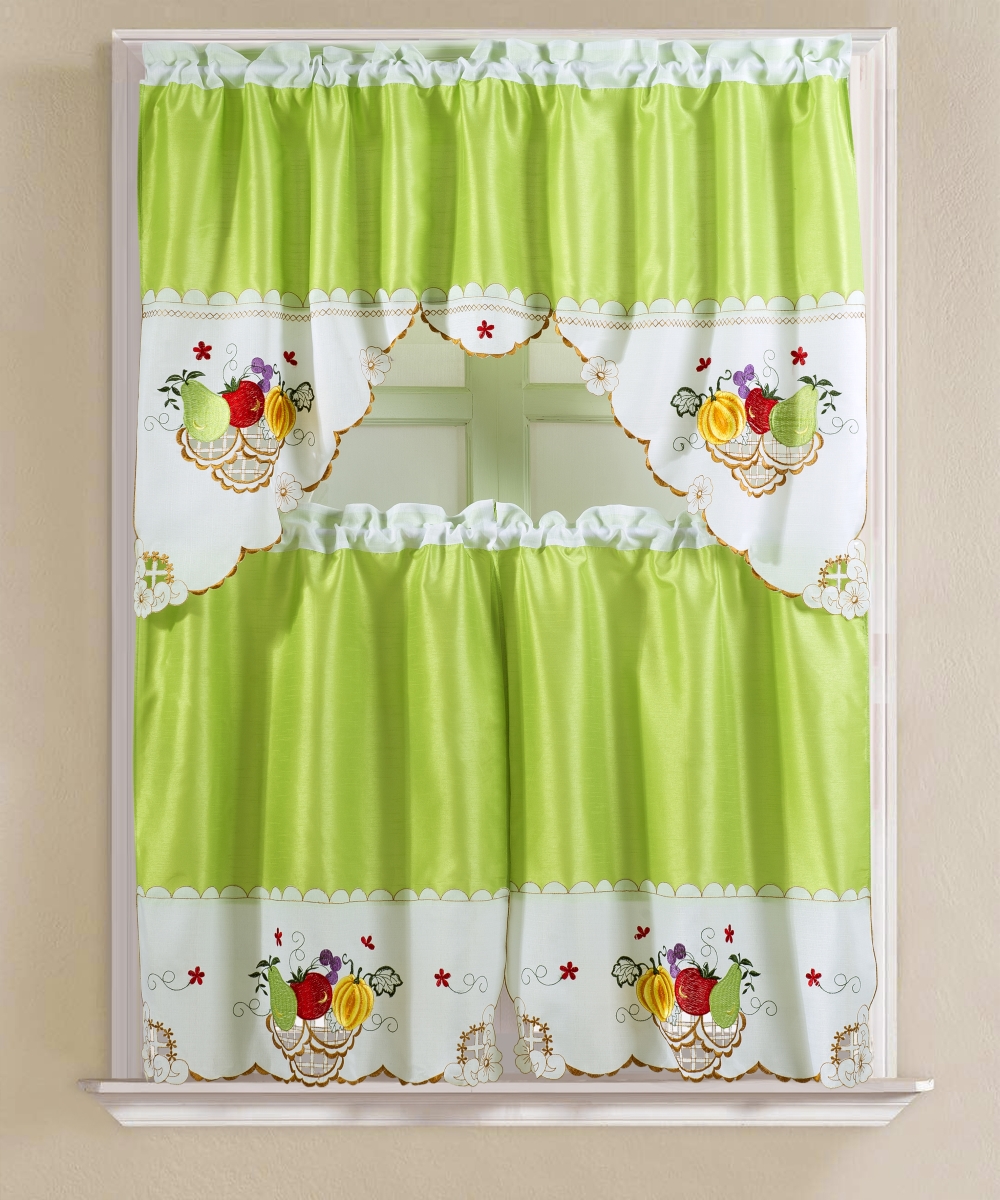 Kcvf06747 Vintage Fruits Faux Silk Tier & Swag Kitchen Curtain Set In Lime Green