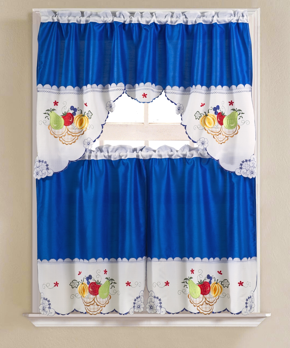 Kcvf06780 Vintage Fruits Faux Silk Tier & Swag Kitchen Curtain Set In Royal Blue