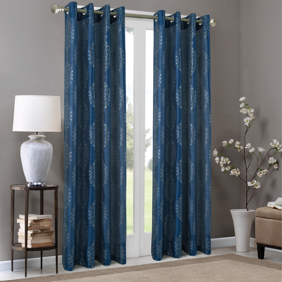 Pnr22208 54 X 84 In. Riverside Metallic Damask Faux Silk Grommet Single Curtain Panel, Blue