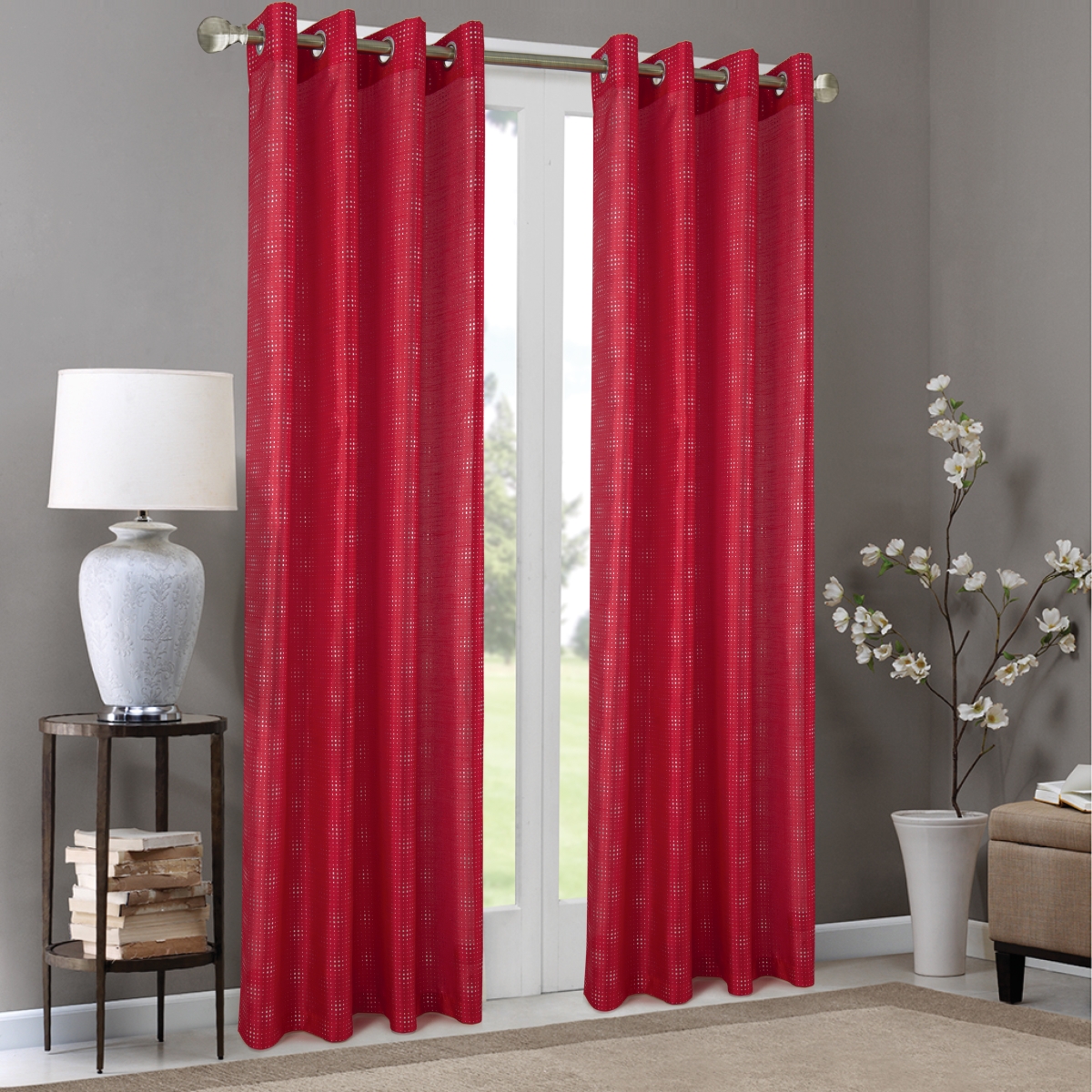 Pnc22377 54 X 90 In. Carolina Metallic Geometric Faux Silk Grommet Single Curtain Panel, Red
