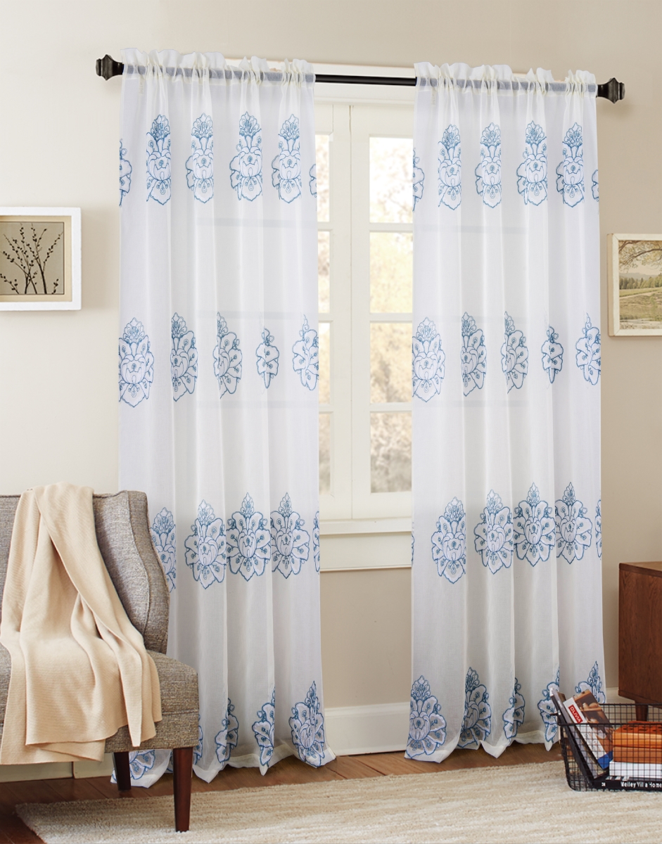 Pnb21208 54 X 84 In. Bergen Floral Embroidered Single Rod Pocket Curtain Panel, Blue