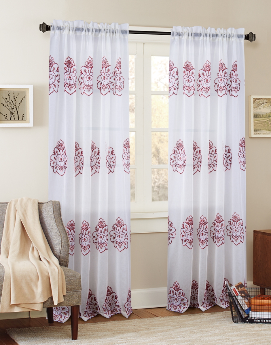 Pnb21213 54 X 84 In. Bergen Floral Embroidered Single Rod Pocket Curtain Panel, Burgundy