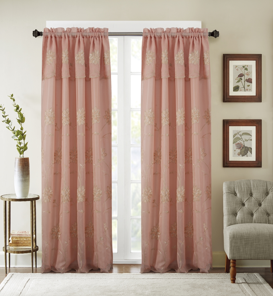 Pnc235136 54 X 84 In. Carter Floral Embroidered Single Rod Pocket Curtain Panel With Attached Valance, Salmon