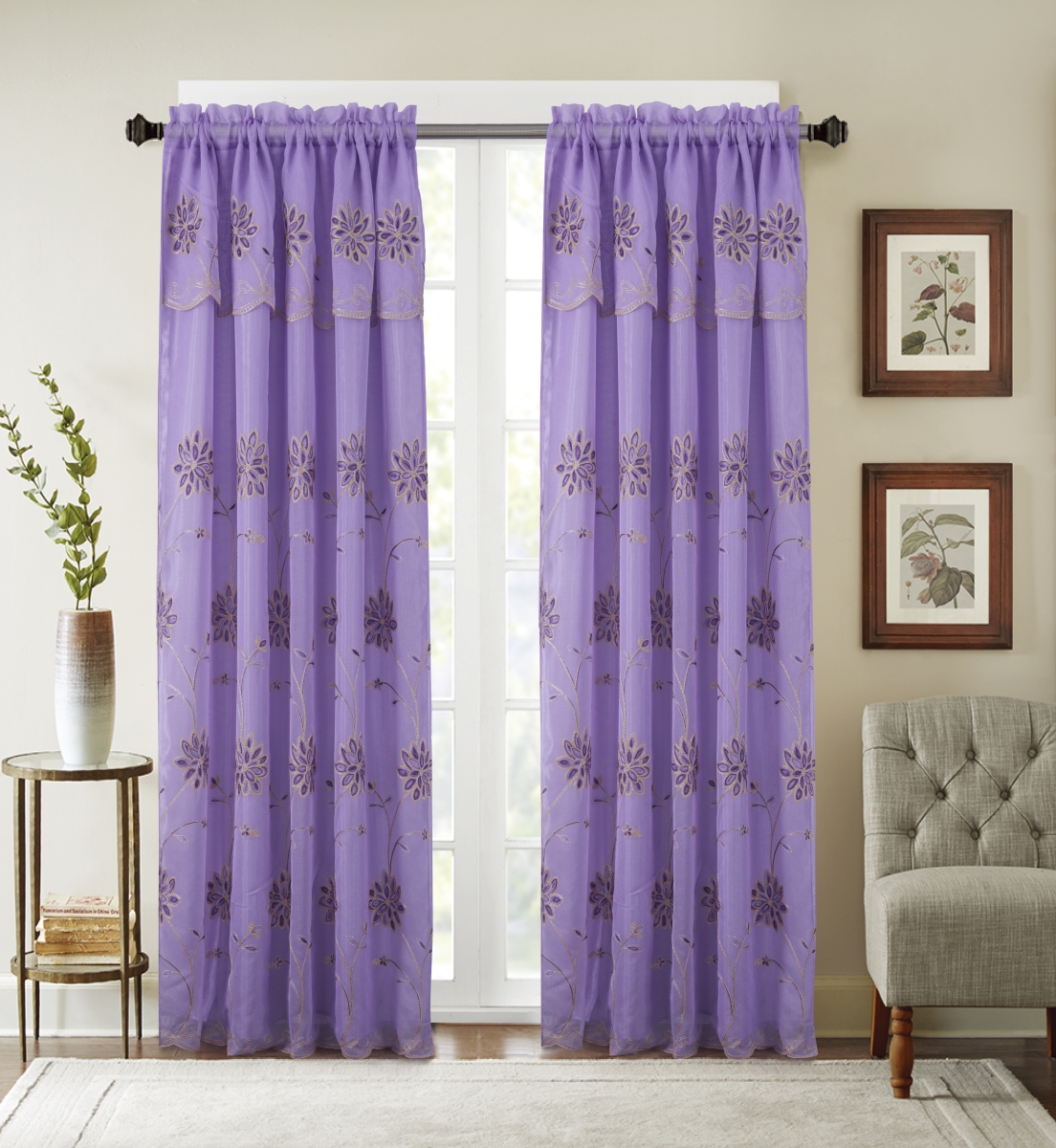 Pnc23546 54 X 84 In. Carter Floral Embroidered Single Rod Pocket Curtain Panel With Attached Valance, Lilac