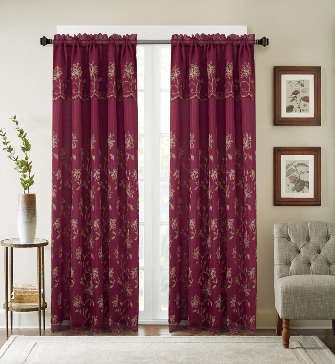 Pnd23613 54 X 84 In. Durant Floral Embroidered Single Rod Pocket Curtain Panel With Attached Valance, Burgundy