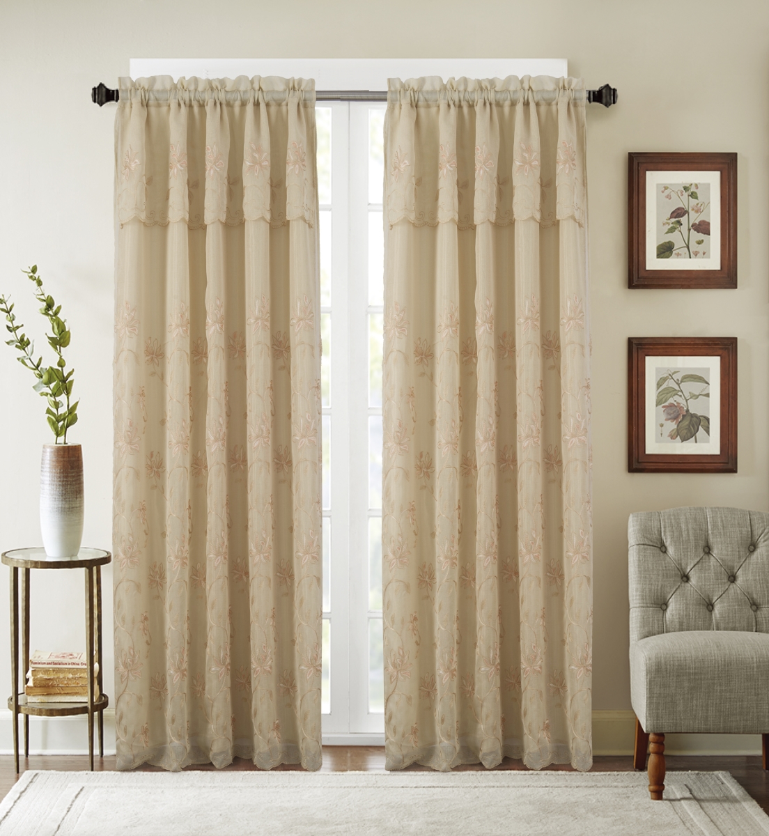 Pnd23631 54 X 84 In. Durant Floral Embroidered Single Rod Pocket Curtain Panel With Attached Valance, Gold