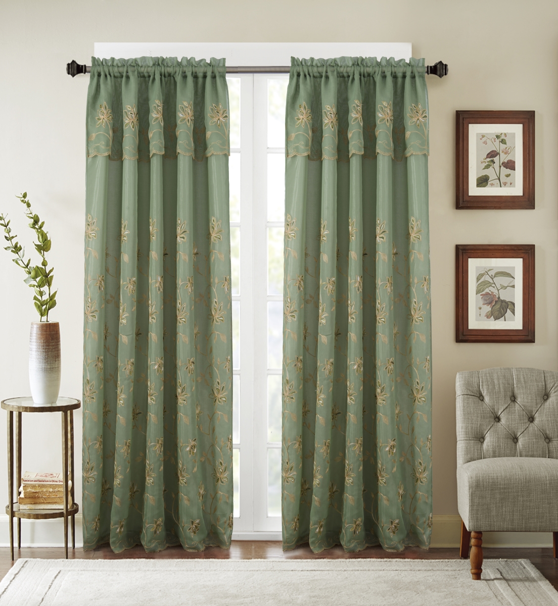 Pnd23682 54 X 84 In. Durant Floral Embroidered Single Rod Pocket Curtain Panel With Attached Valance, Sage